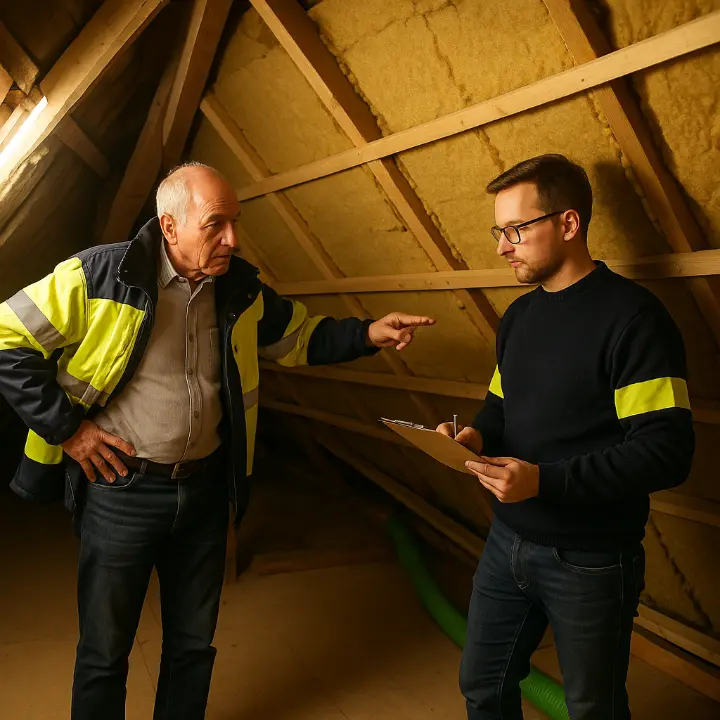 Deux professionnels inspectant l’isolation des combles pour une prime à la rénovation Wallonie 2025